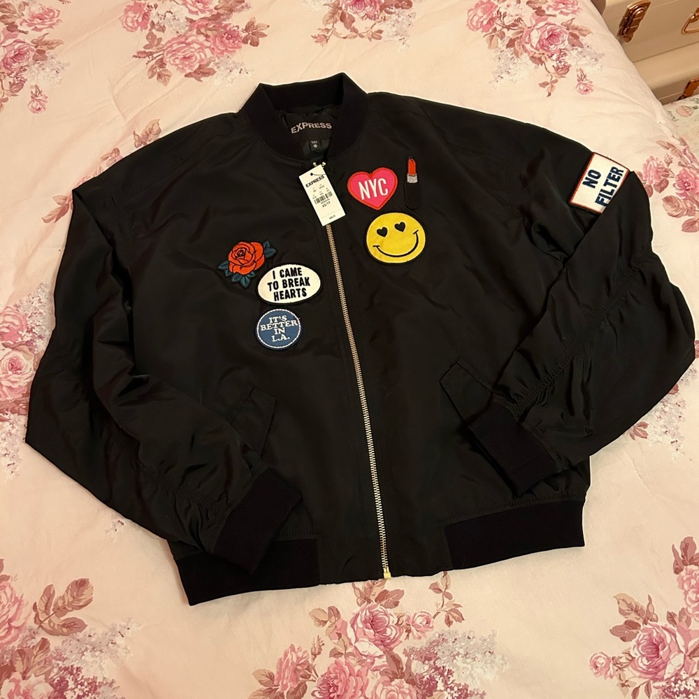 NEW NWT Express XS Black Bomber Patchwork Jacket fall lightweight